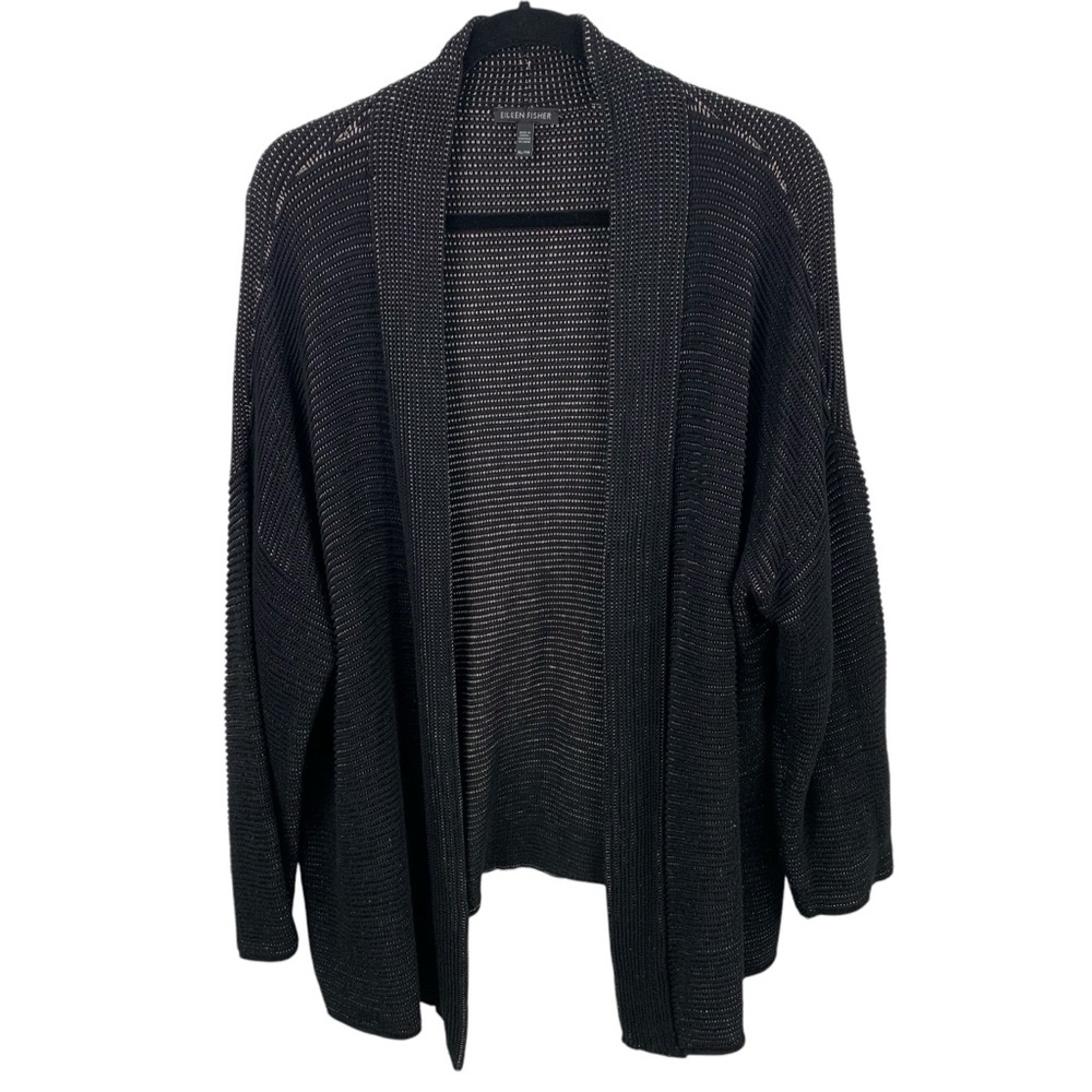 Eileen Fisher XL Black White Ribbed Knit Open Cardigan Lagenlook Shawl Collar